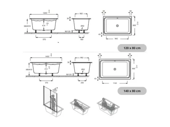 Baignoire bain douche 120 X 80 JACOB DELAFON Capsule + marche pieds