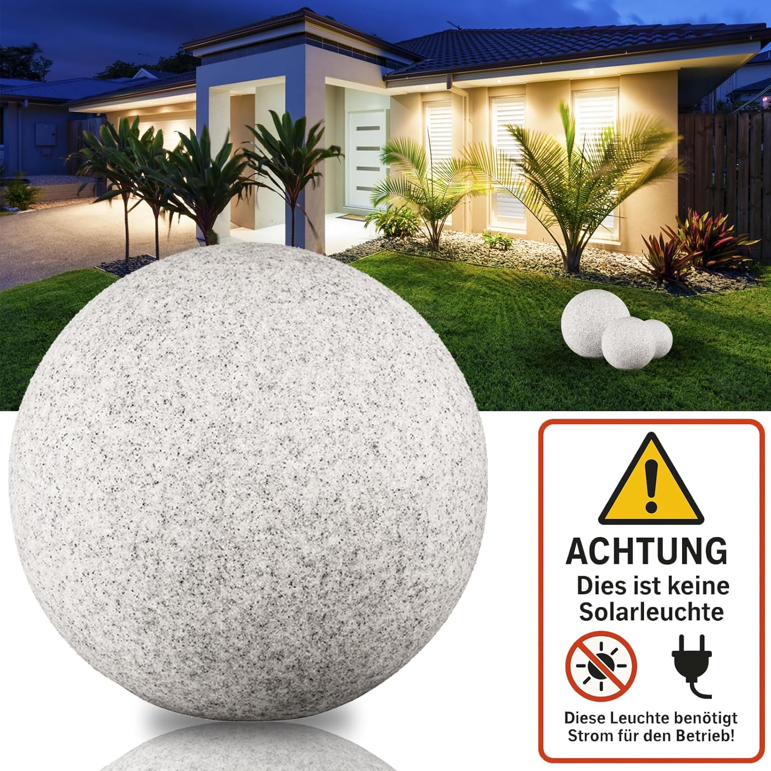 Stone IP65 Kugelleuchte für Garten - 3er Set 20+30+40 cm Kugel Außenleuchte Naturstein Optik E27 230V - mit LED 9W - Erdspieße - außen