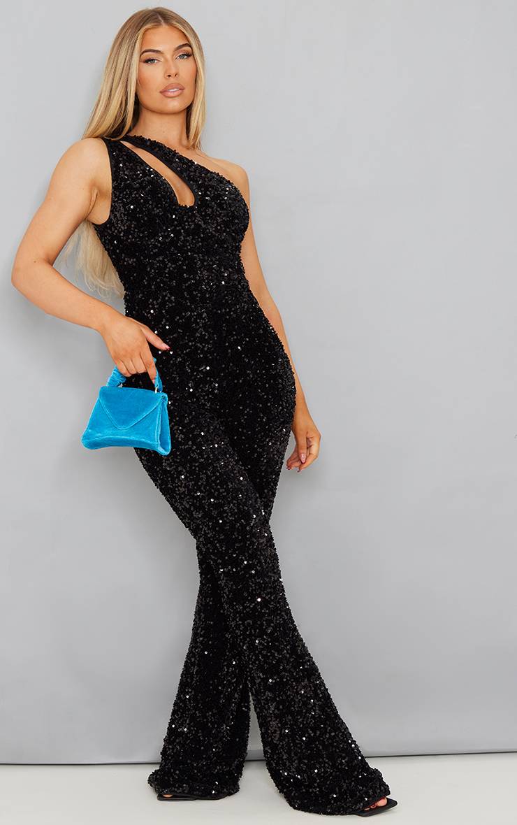 Noir Combinaison Asymétrique À Paillettes Avec Détail Coupe Bustier