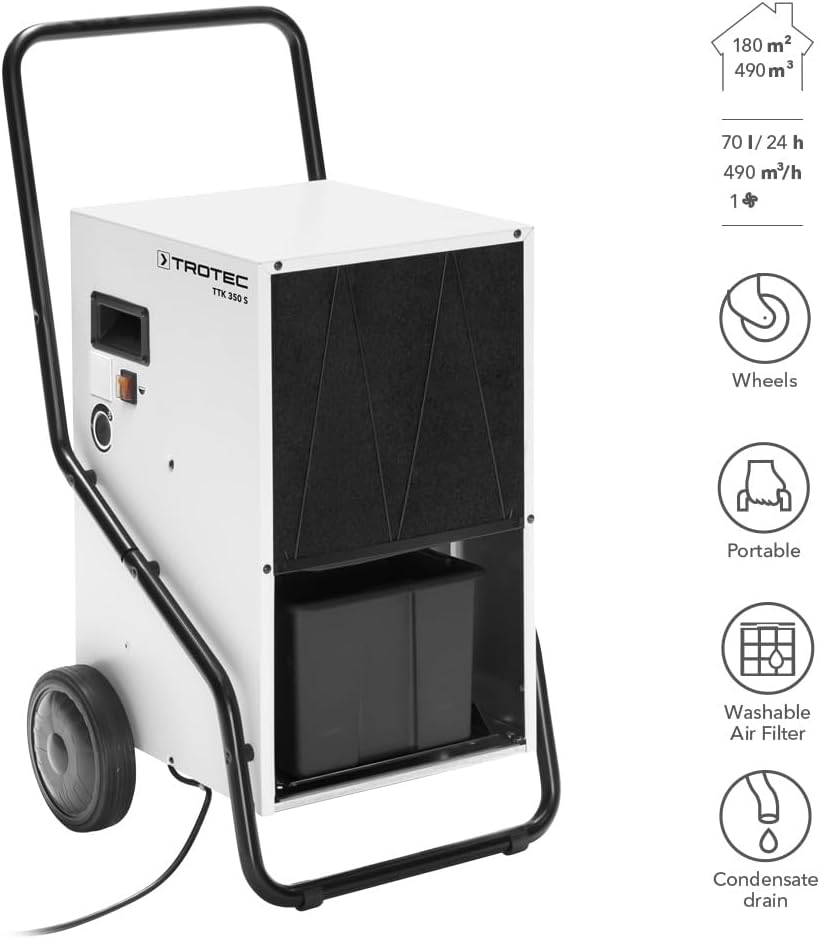 TROTEC Luftentfeuchter TTK 350 S – Leistung 70 L/Tag – Fläche 180 m² / 450 m³ – Bautrockner – für große Räume