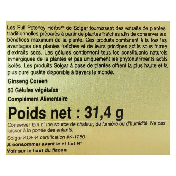 Cápsulas vegetais de Ginseng Coreano Panax da Solgar, 50 unidades.