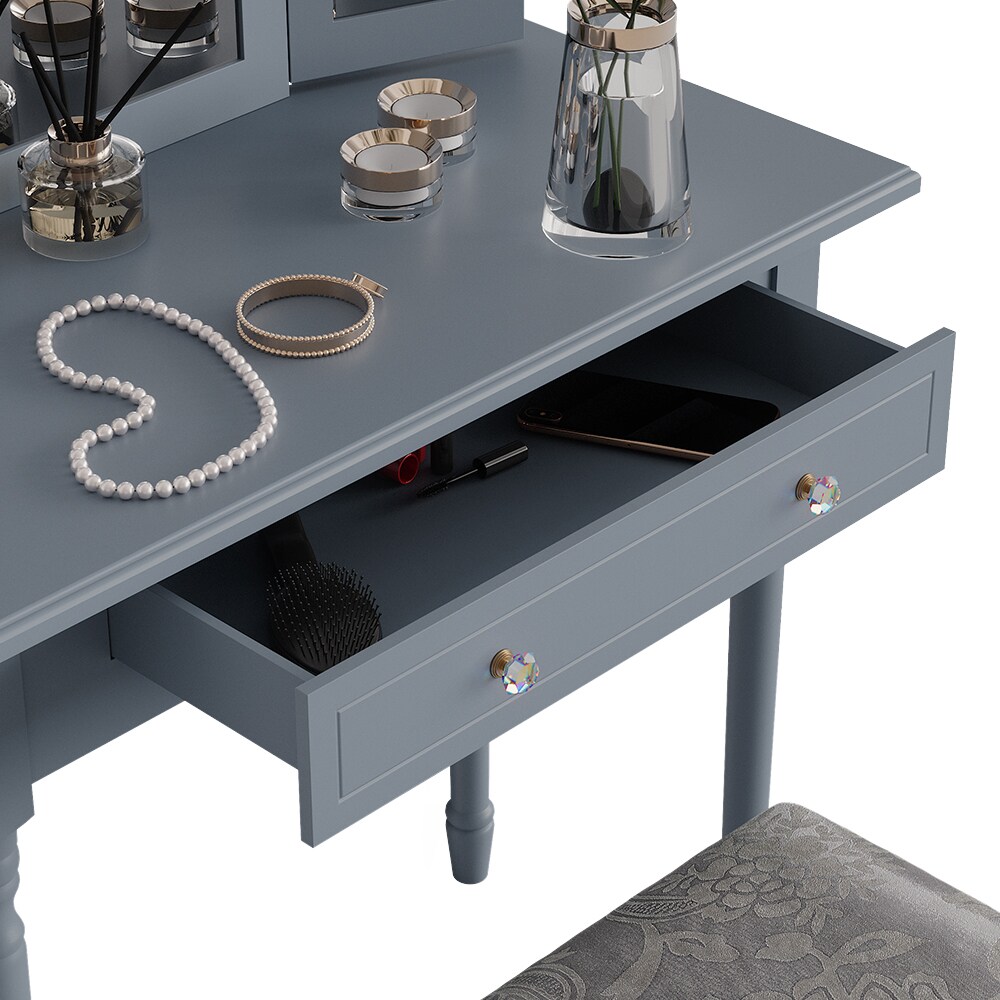 Vicco Schminktisch Frisiertisch Kosmetiktisch Kate Grau Schminkspiegel Hocker 80x134 cm Antik Schlafzimmerkommode Schminkkommode Schublade Ablage Aufbewahrung Frisierkommode Make-Up-Tisch