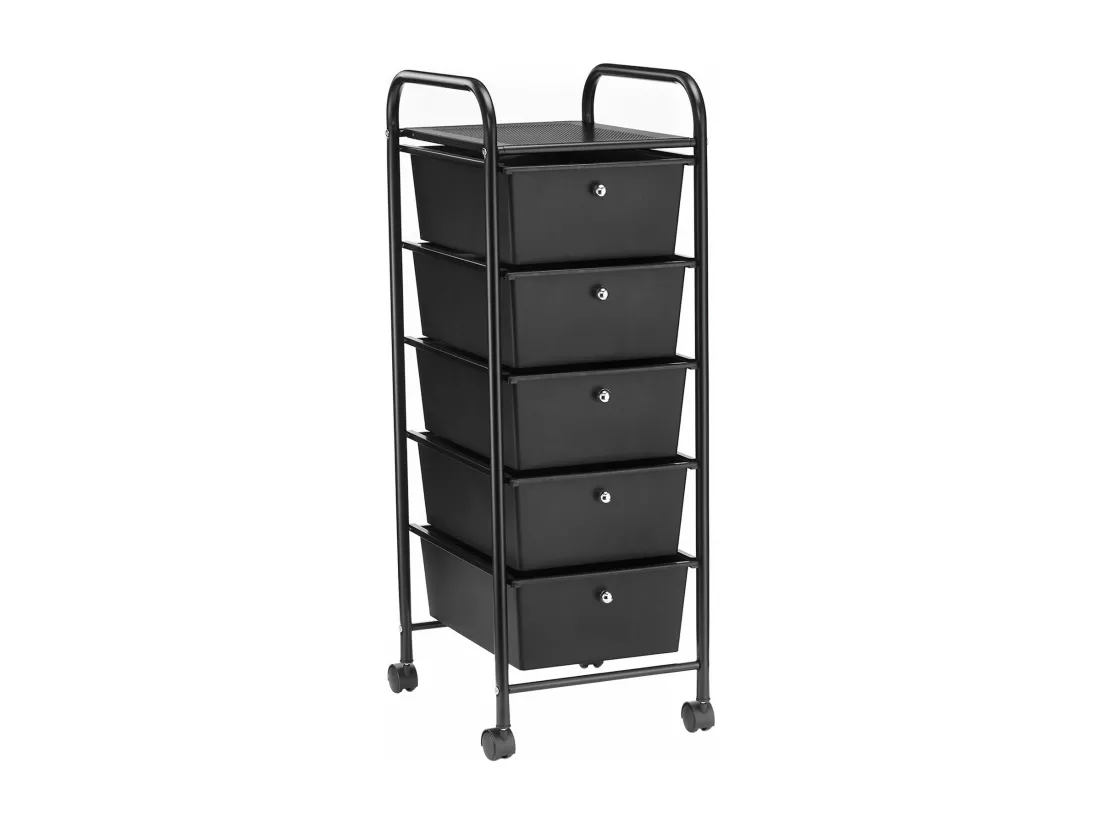 Caisson de rangement sur roulettes GINA, colonne de 5 tiroirs et 1 étagère pour salle de bain ou bureau, en plastique et métal noir