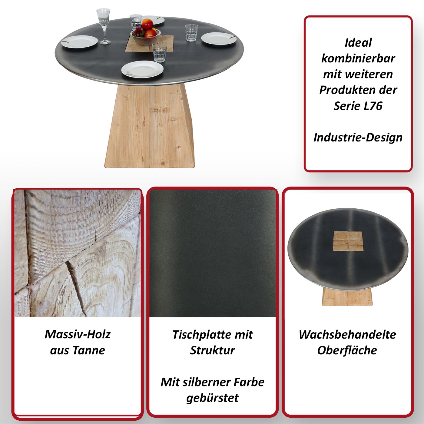 Esstisch MCW-L76, Tisch Esszimmertisch, rund Industrial Massiv-Holz MVG-zertifiziert 74x120cm, natur mit Metall-Optik