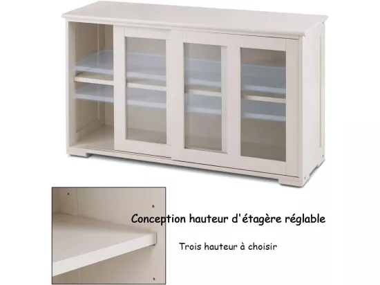 Buffet de cuisine, 2 etagères, porte coulissante, contemporain,blanc antique