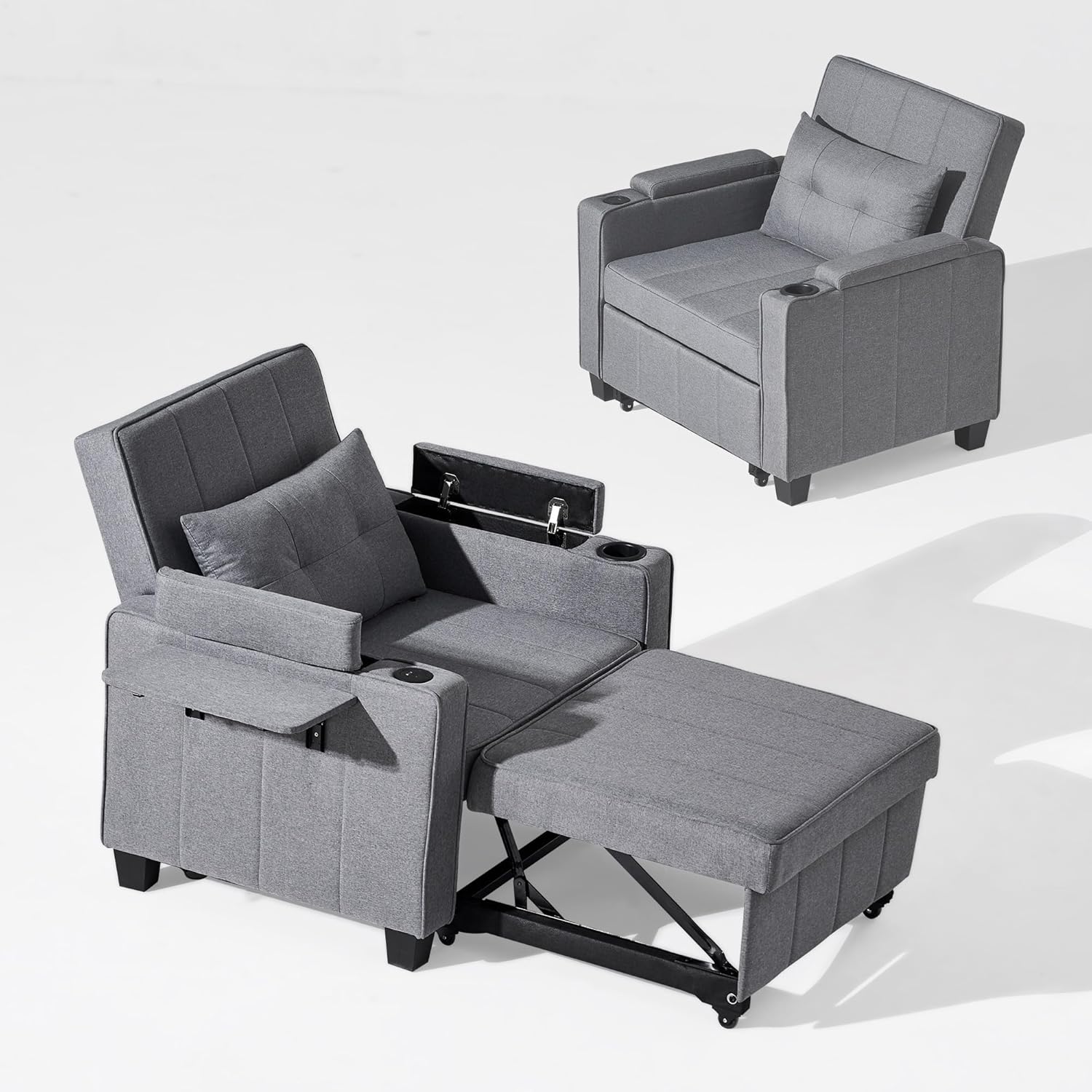 CLIPOP Schlafsofa, 3-in-1 Schlafsessel mit Bettfunktion, Ausziehbarer Sofa mit Schlaffunktion mit USB-C, 3-stufig Verstellbarer Rückenlehne (105°-160°), Stauraum & Getränkehalter (Leinen, Grau)