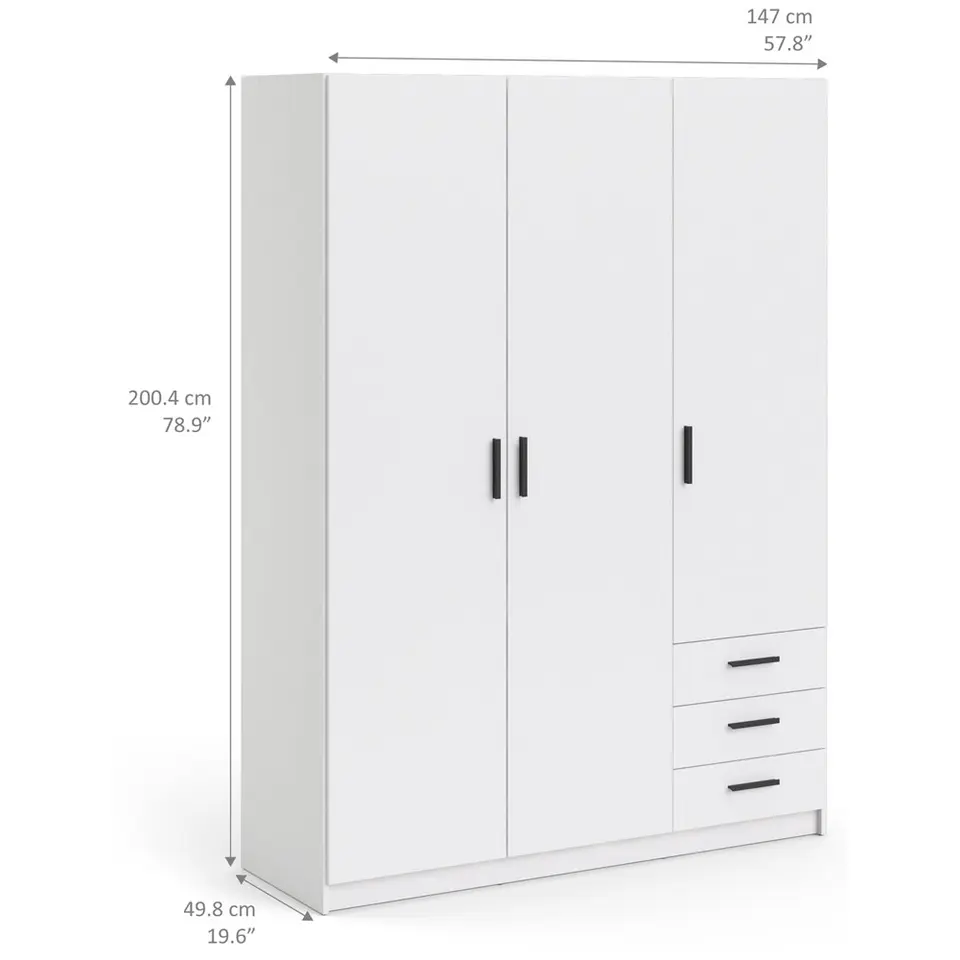 Kledingkast Sprint 3-deurs - wit - 200x147x50 cm