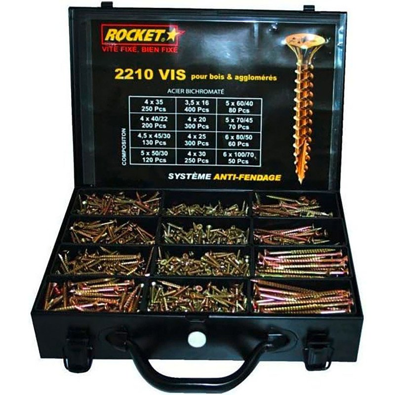 Vis à bois Rocket tête fraisée Pozidriv acier bichromaté - Mallette de 2210