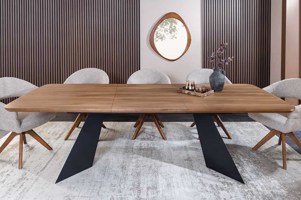 Ausziehbarer Esstisch PRESTIGE 180-240cm natur Walnussholz schwarzes Metallgestell
