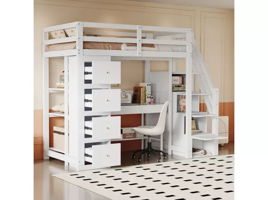 Lit mezzanine enfant 90x200 avec tiroir Commode avec étagères  échelle à grimper de sécurité avec tiroirs de rangement Blanc
