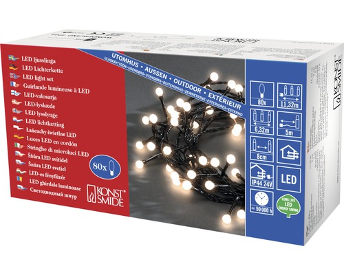 Konstsmide Globe LED lichtsnoer, 6,35 m + 5 m aansluitdraad, 80 LED's, warm wit licht