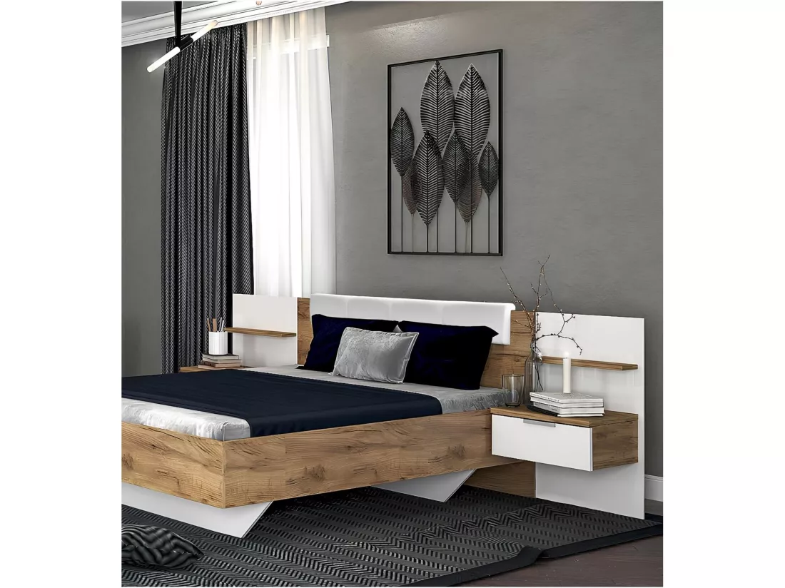 Chambre ASTO II , blanc laqué et chêne clair 180x200 cm - SANS ARMOIRE