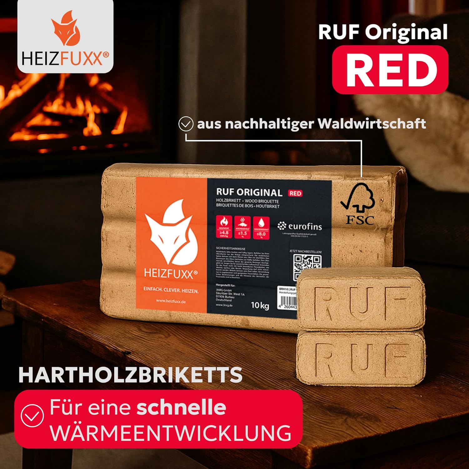 Holzbriketts RUF Original Red - Hartholzbriketts Palette 300 kg (30x10 kg) - Premium Briketts für Kamin, Heizkessel & Ofen - Hoher Heizwert, geringer Aschegehalt & maximale Energieausbeute