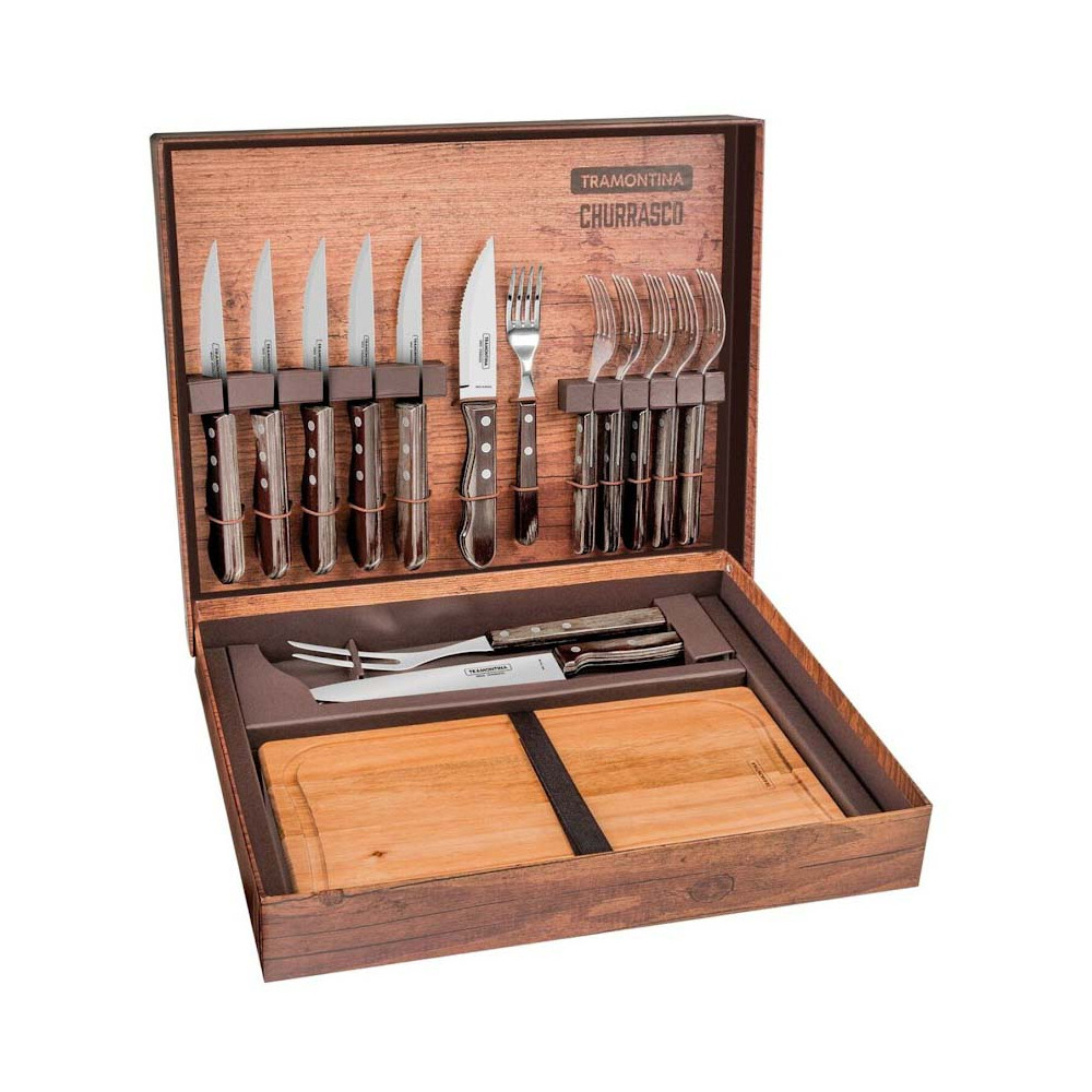 Malette pour barbecue 15 pièces en inox et bois churrasco
