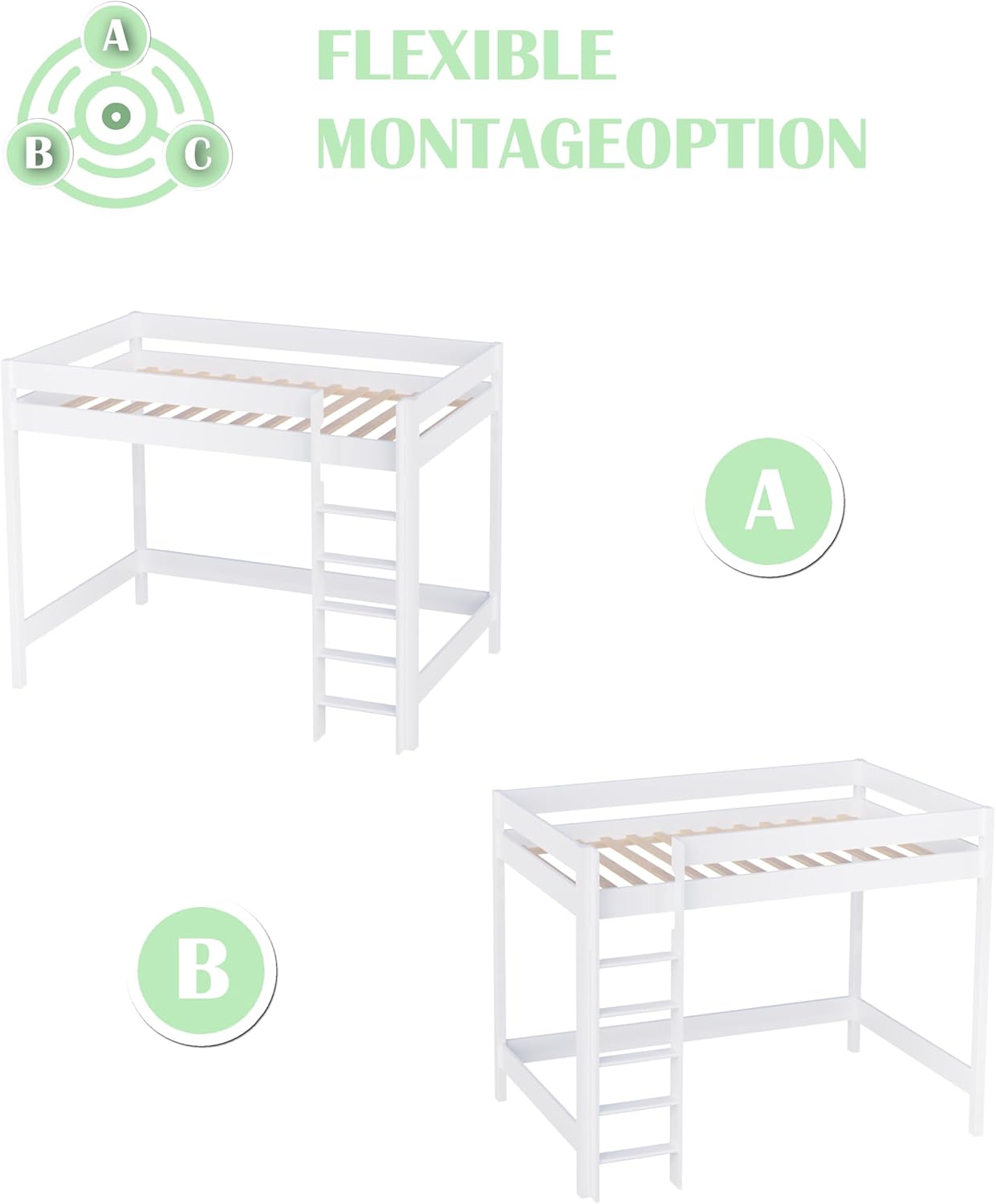 Hochbett Kinder Hugo 180x80 cm weiß mit Matratze I Kinderbett Kinderhochbett mit Treppe aus Holz I Hochbett Jugendliche I Loft Bed für Kinderzimmer