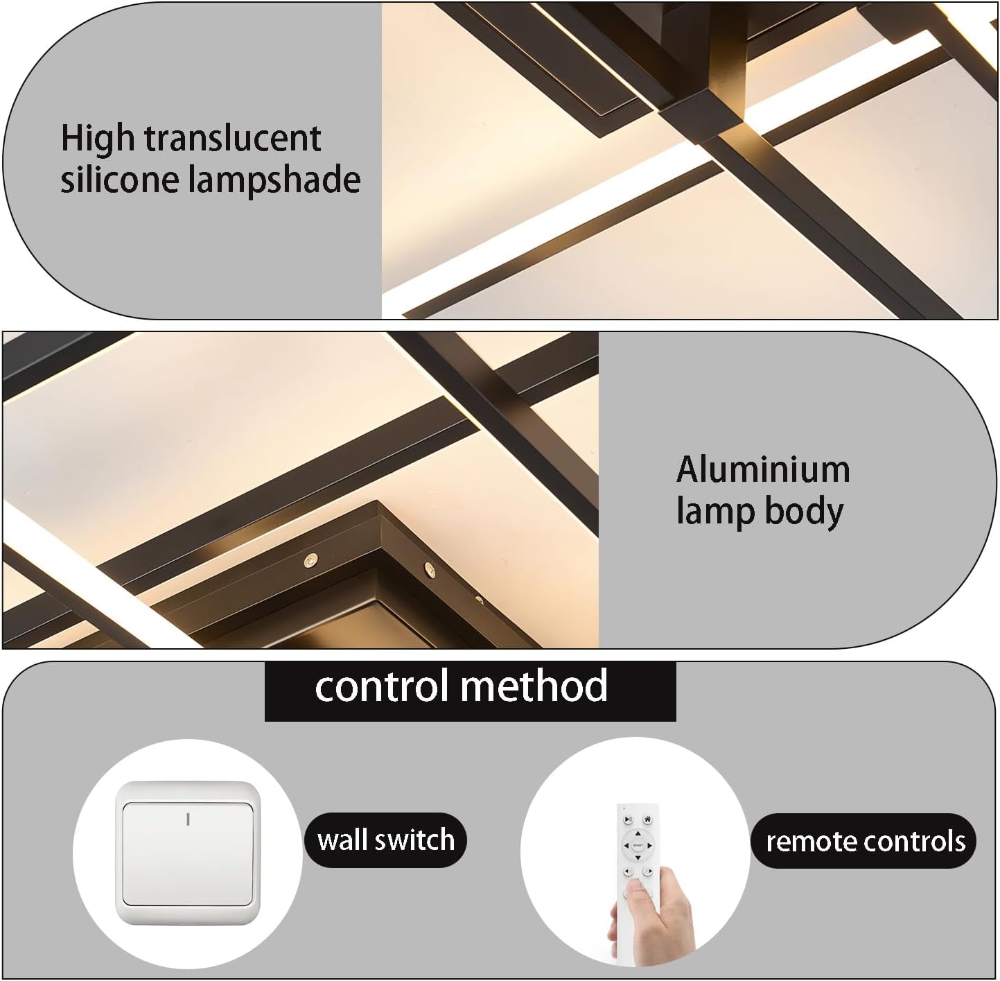 LED Flush Mount Deckenleuchte 80cm Moderne quadratische Leuchte 3000k-6000k Dimmbare decken lampen mit Fernbedienung Acryl Innenbeleuchtung für Wohnzimmer Schlafzimmer Esszimmer (Schwarz, 80cm)