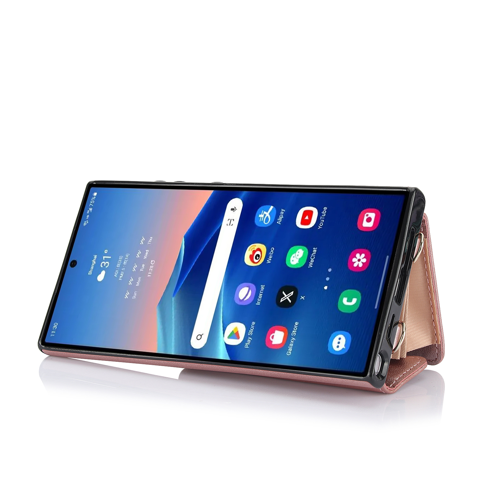 Samsung Galaxy S24 Ultra Necklace Leder Schutz Hülle mit Kartenfach   Handykette (140cm) - Roségold