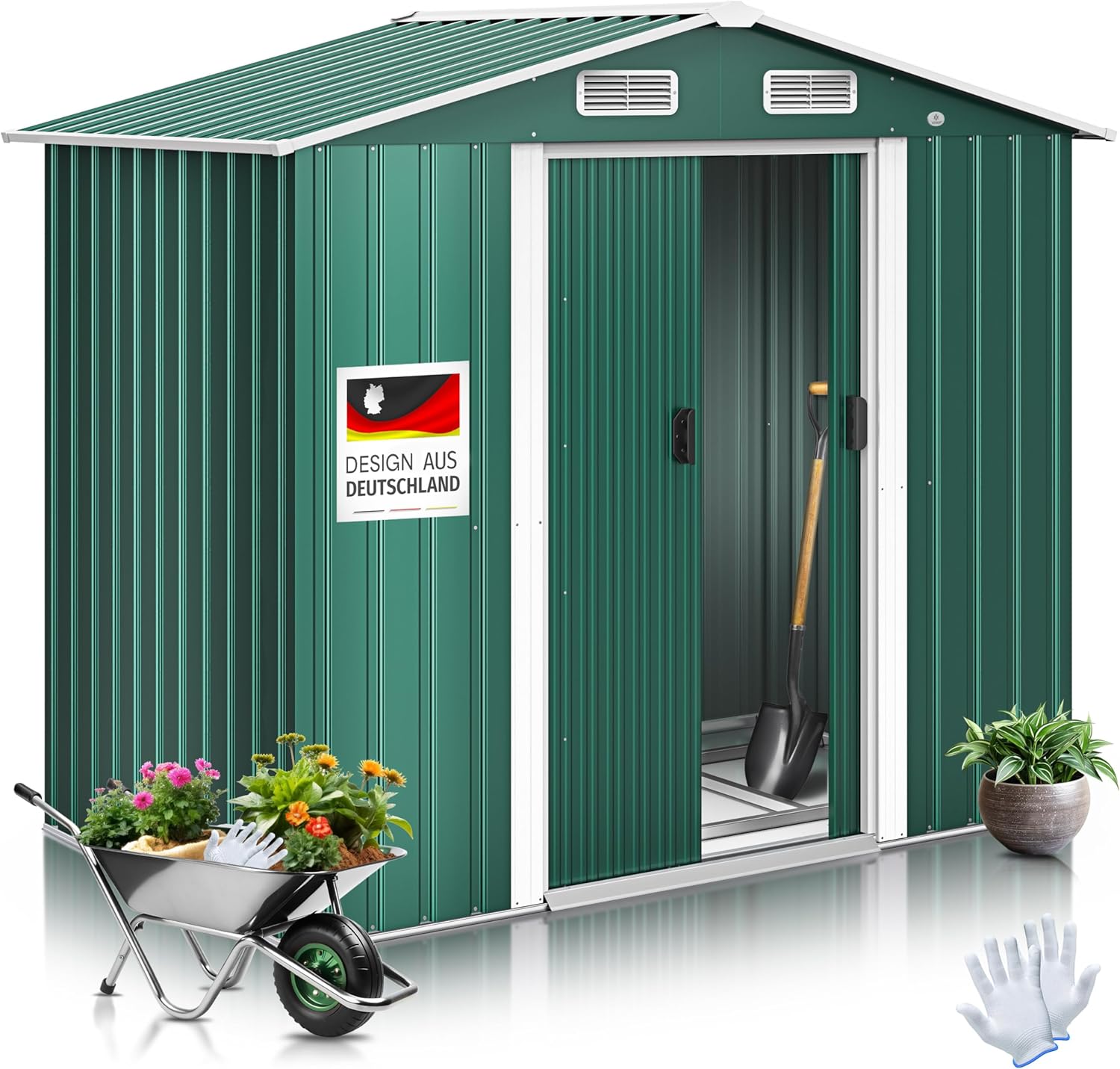 KESSER® XL Metall Gerätehaus 4,2m³ mit Fundament | Inkl. Arbeitshandschuhe | 195x131x186cm | 2X Schiebetür & Fundament | Geräteschuppen | Gartenhaus Schrank | Satteldachdach Garten Schuppen Grün