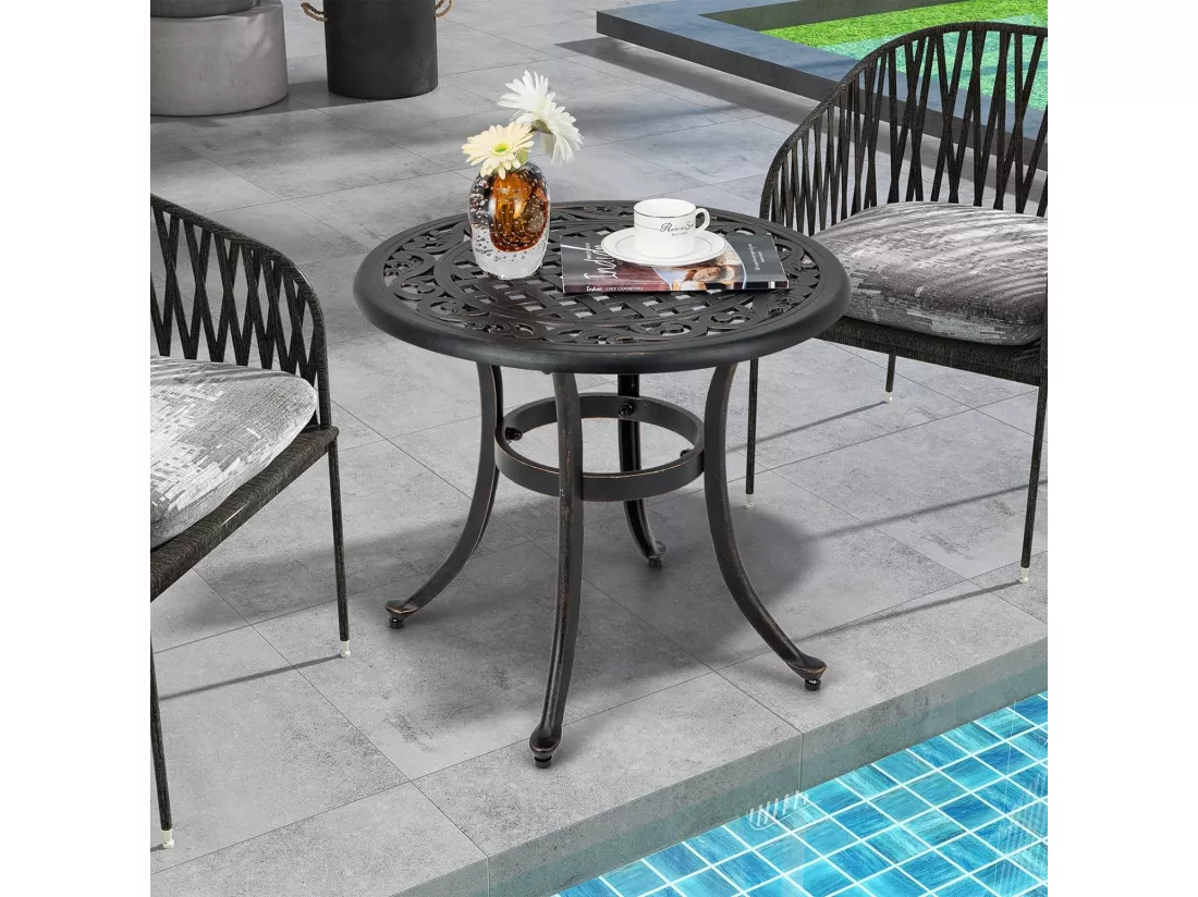 Table de Jardin Ronde 60 CM en Fonte d'Aluminium, Table d'Appoint d’Extérieur avec Repose-Pieds Réglables, Table Basse Extérieure pour Patio Piscine Terrasse, Noir