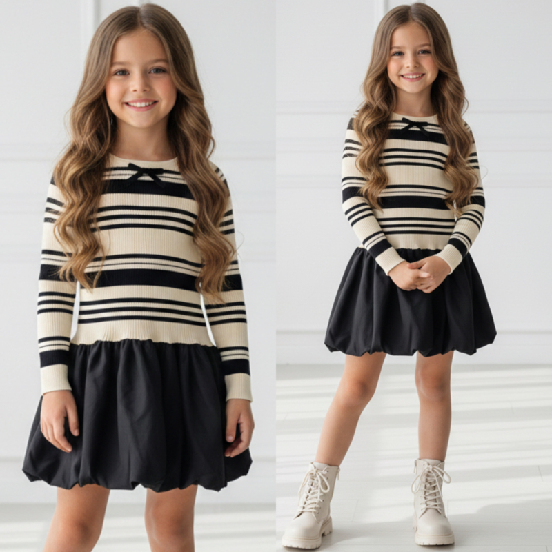 Cute bow striped dress - zwart