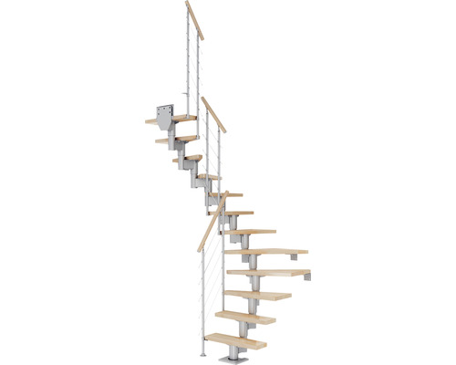 Pertura Spiros middentrap, parelgrijs, halve draai, 65 cm, beukenhouten leuning, gelakt, 11 treden / 12 stootborden