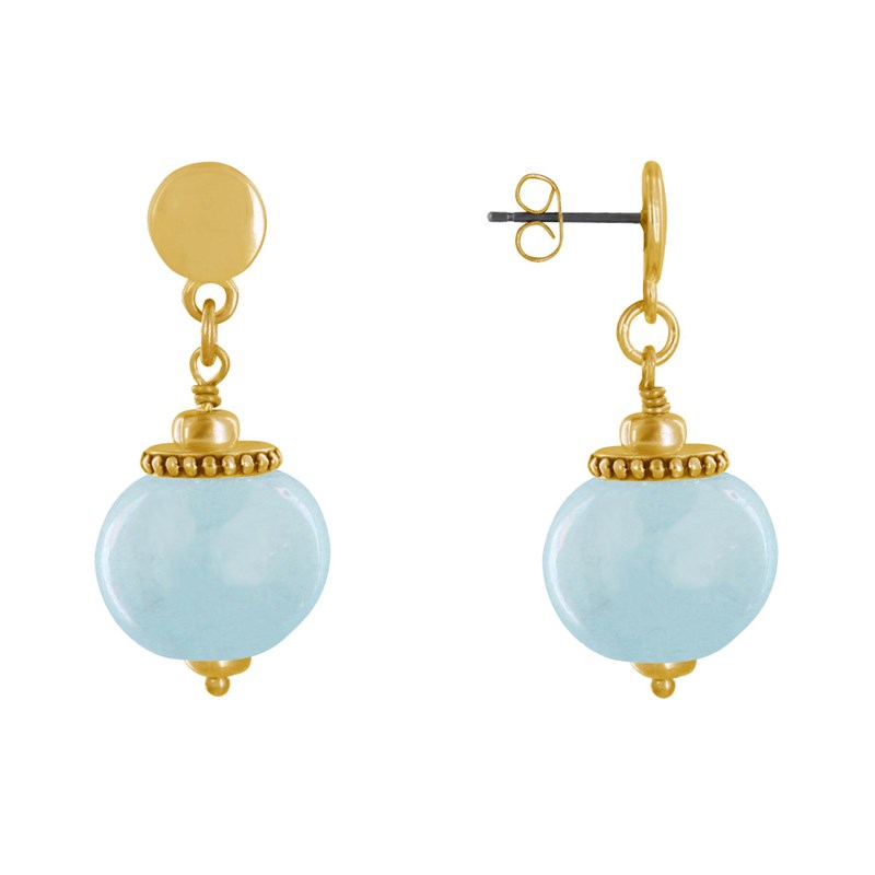 Boucles d'Oreilles Clous Métal Doré et Grosses Perles en Céramique