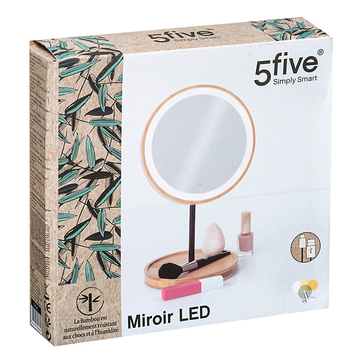 Miroir de salle de bains lumineux LED rond sur pied rechargeable IP20 pivotant 360° bambou métal, 5Five Modern