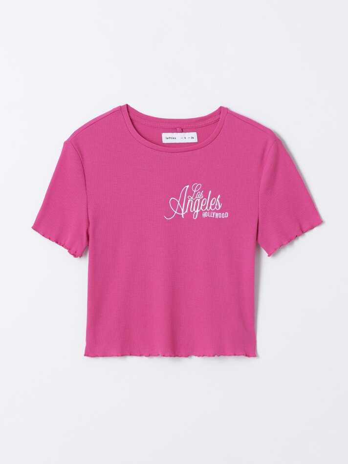 Camiseta cropped com bordado - Fúcsia