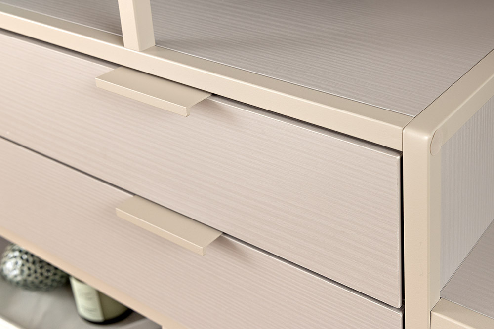 Modernes Bücherregal SLIM LINE 115cm champagner beige Metall mit Schubladen