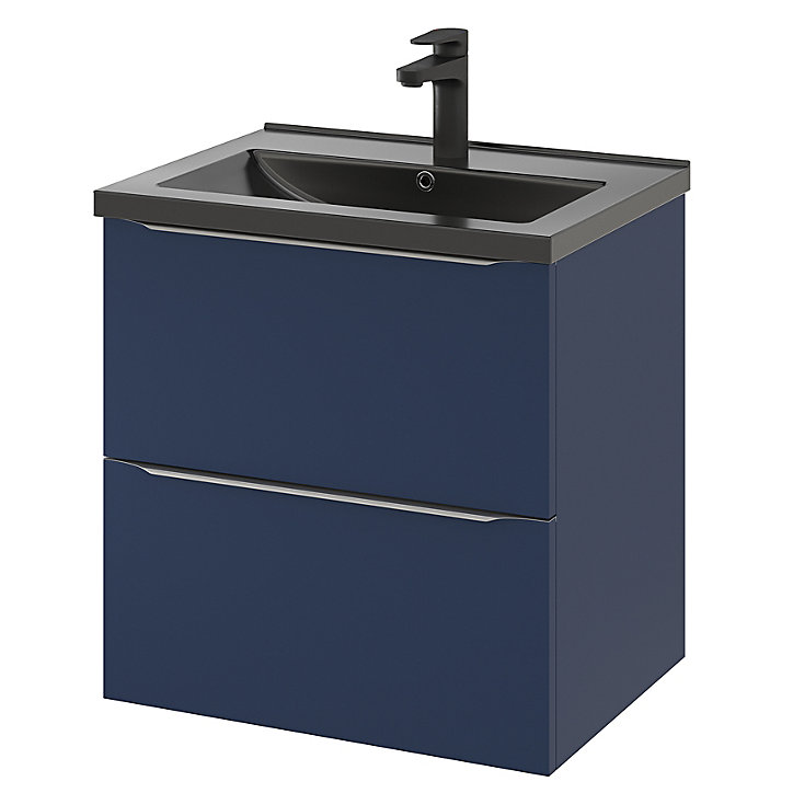 Ensemble salle de bains l.60 cm meuble à suspendre Imandra bleu nuit mat + plan vasque céramique noir