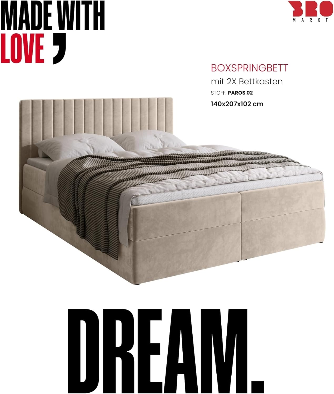 BROMARKT Boxspringbett mit Bettkasten Polsterbett mit Bonell-Matratze und Topper Doppelbett mit Stauraum Bett für Schlafzimmer gepolstertes Kopfteil Dream 140x200 Härtegrad H3 Samtstoff Beige