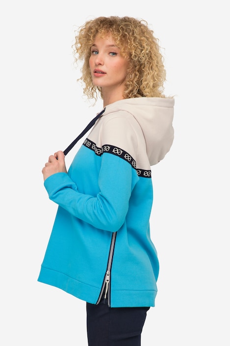 Hoodie, zweifarbig, Print-Tape, Kapuze, Langarm, Seitenzipper
