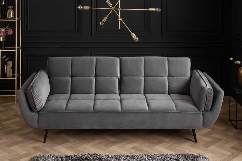 Retro Schlafsofa BOUTIQUE 215cm grau Samt 3-Sitzer mit schwarzen Füßen