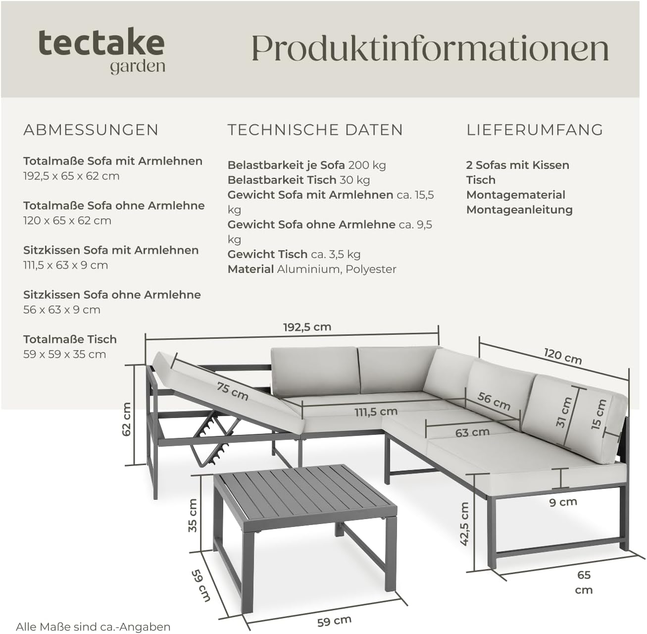 tectake® Gartenmöbel Set, 2X Sofa mit Kissen und Tisch, Sitzecke Outdoor Lounge mit Verstellbarer Rückenlehne, Möbel wetterfest für Balkon, Garten, Terrasse oder Wintergarten - hellgrau