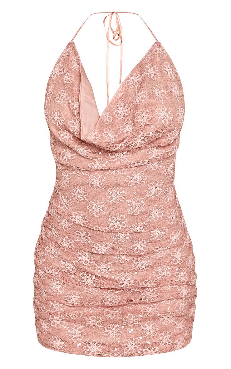 Rose Poudré Robe Mini À Col Bénitier Avec Sequins Floraux