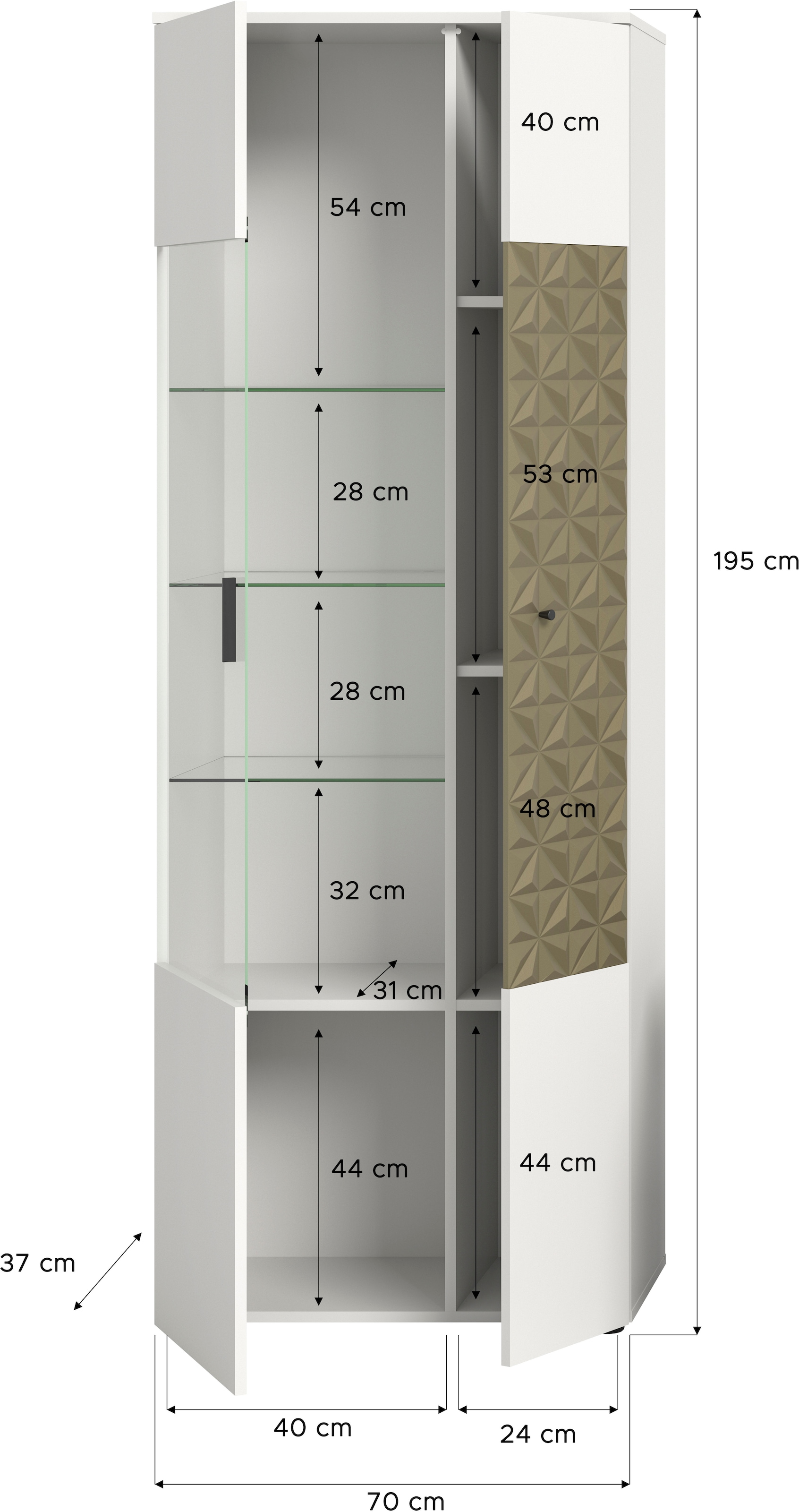 INOSIGN Vitrine »Vicenza, Höhe 195 cm, Ornamentabsetzung, 2 Türen, 9 Fächer« 3 Glaseinlegeböden, Vitrinenschrank, Schrank, Hochschrank, Wohnschrank