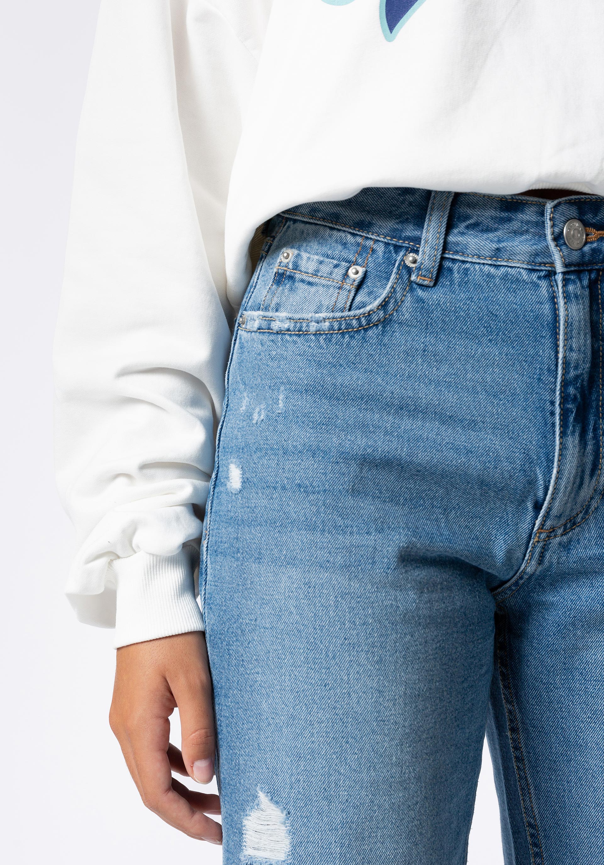 Jeans Taylor Straight Fit Cintura Alta C/ Rasgões