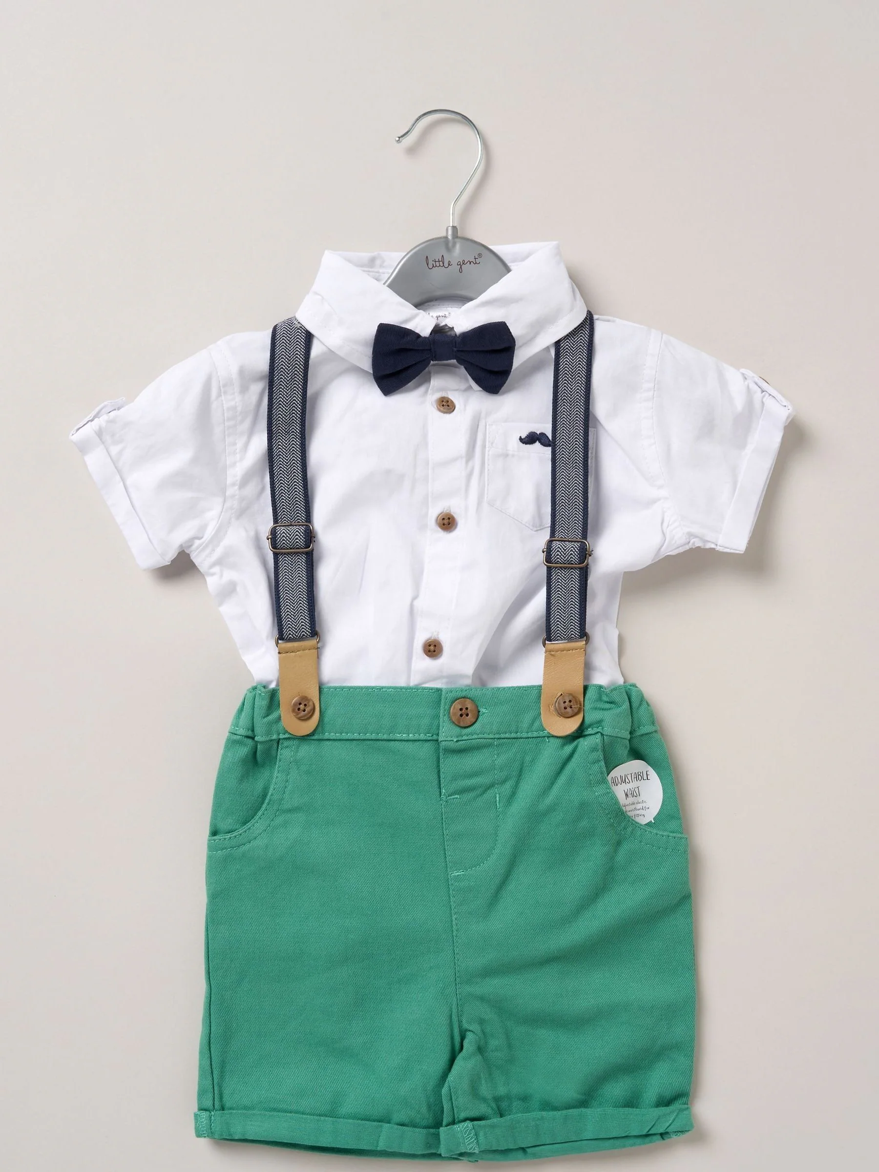 Groen - Little Gent bodysuit-overhemd, korte broek en bretels outfitset