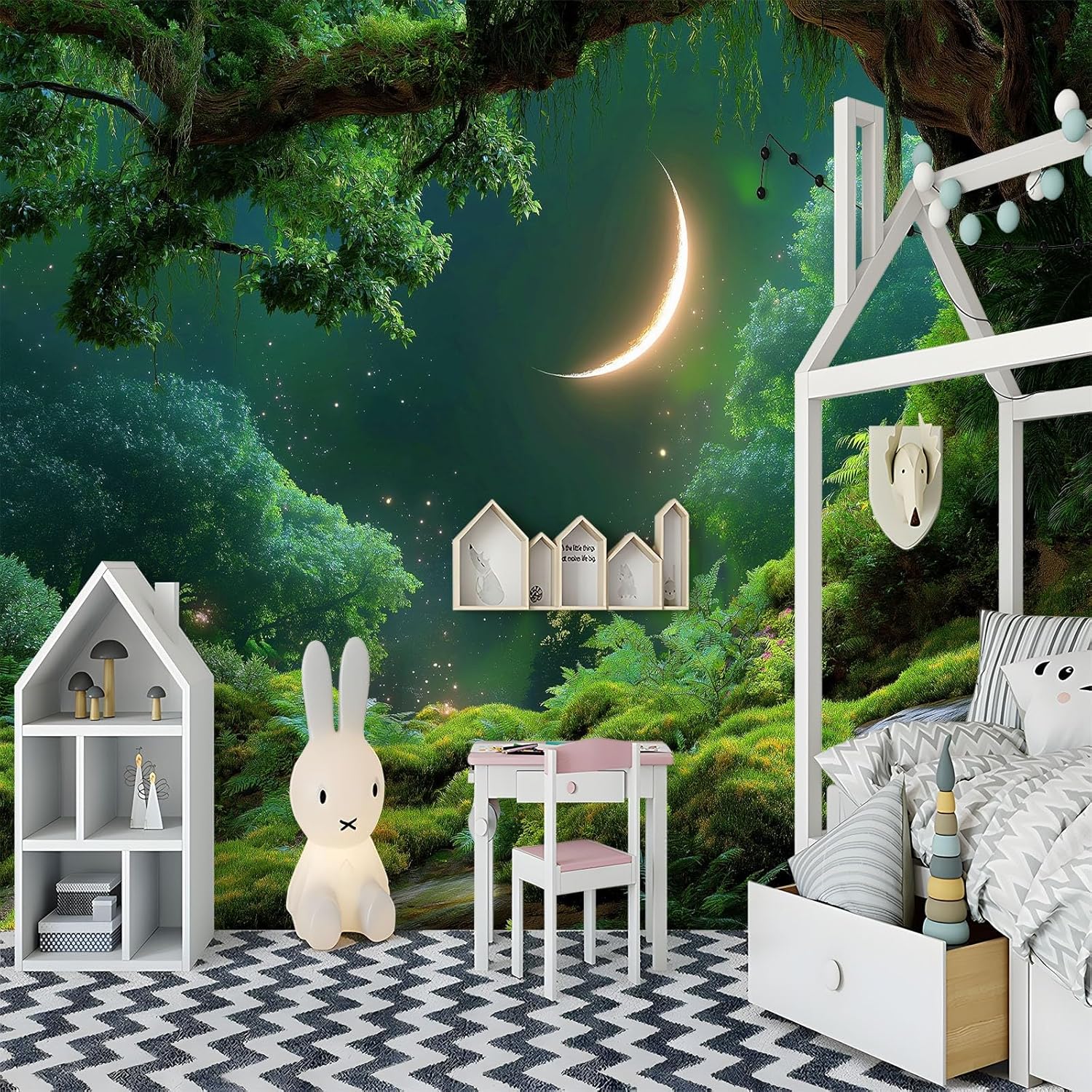 Art Murals Fototapete Schlafzimmer - Fantasie Wald Mond Moos Wandtapete Aufkleber für Wohnzimmer Küche, Olivgrün 3D Tapete Mural Kinderzimmer TV Hintergrund Wandtapete, 400 x 280 cm