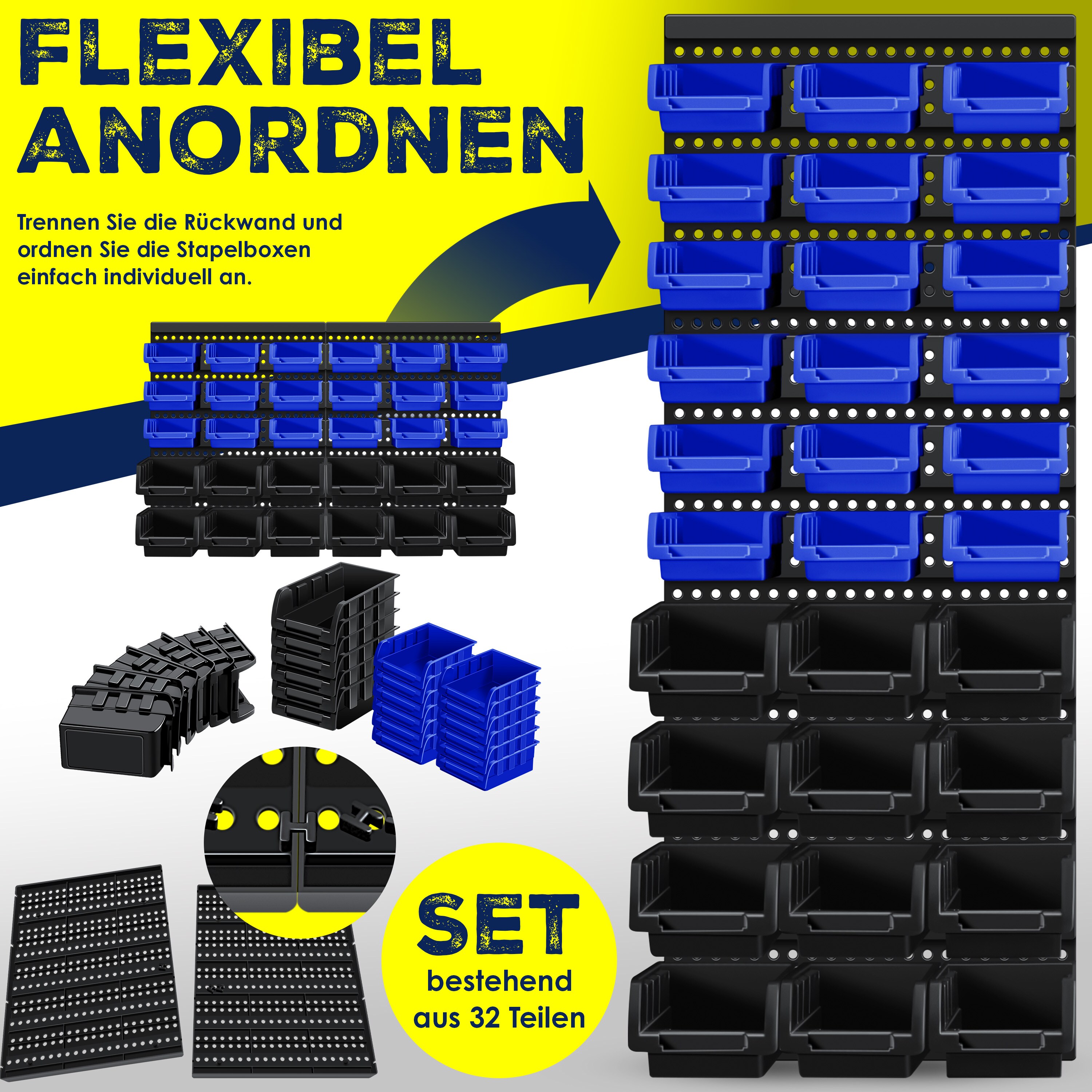 Masko® Stapelboxen Wandregal 32tlg Box Sichtlagerkästen Schüttenregal Steckregal