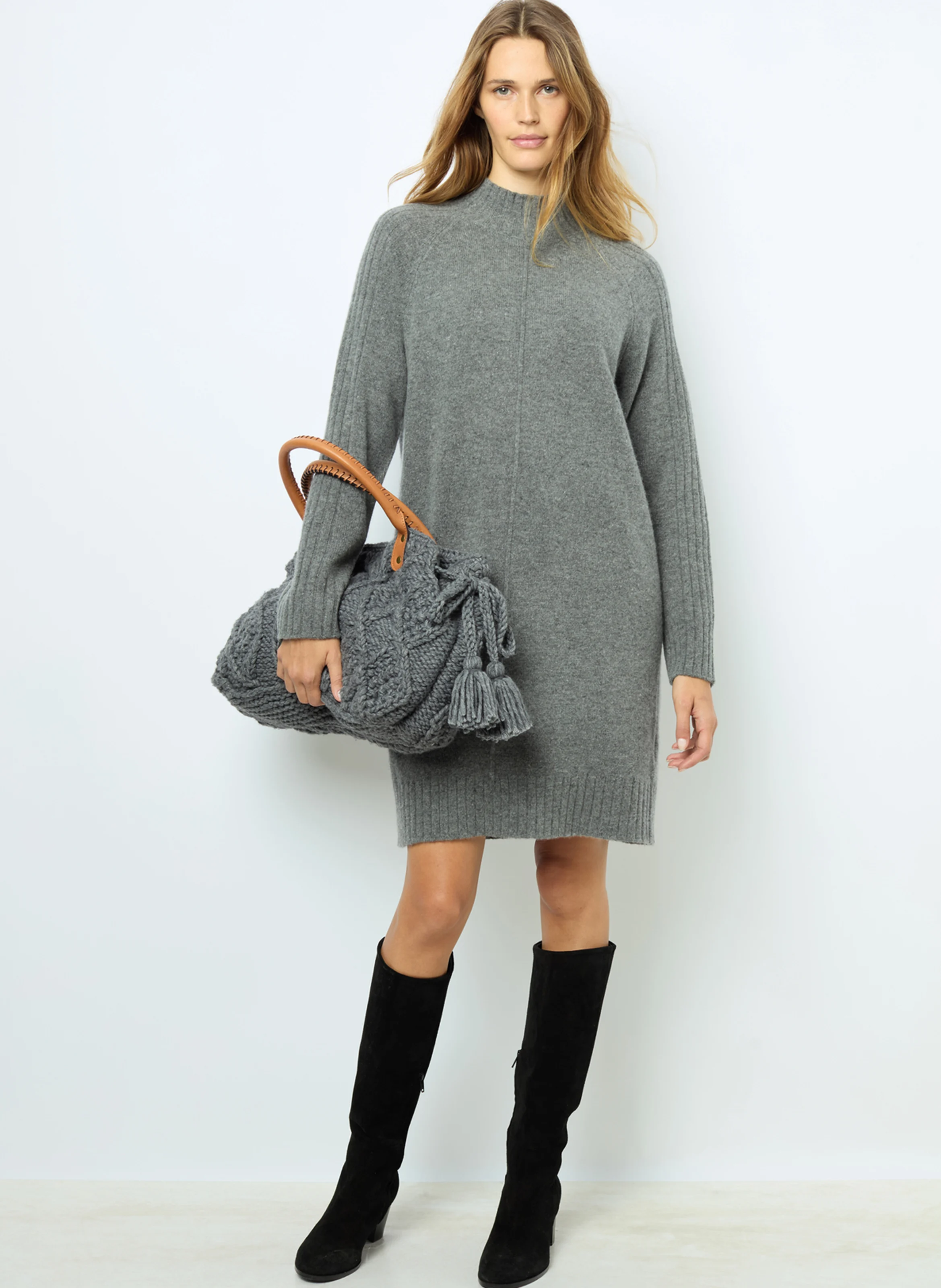 SOLIA - Robe pull droite col montant en laine mélangée | Gris