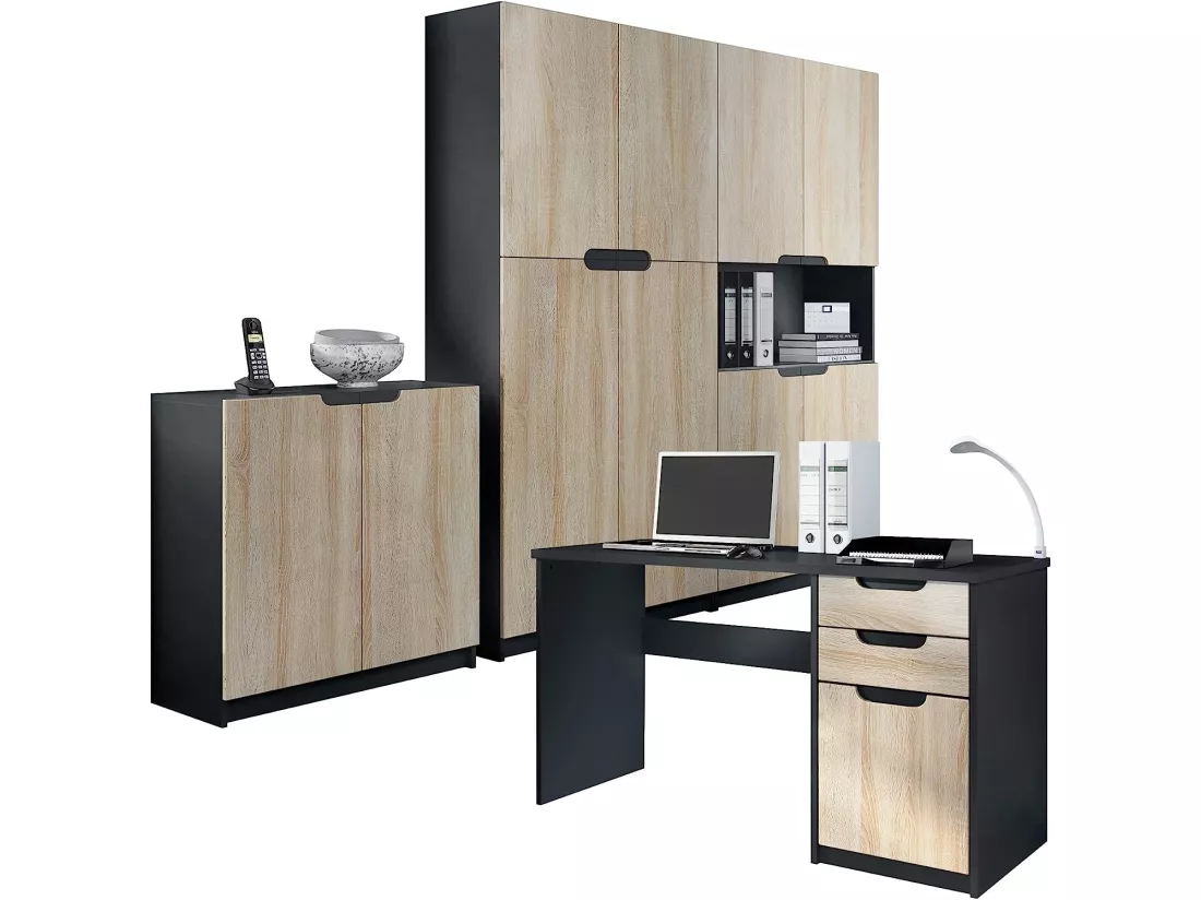 Ensemble de Meubles de Bureau Corps en Noir Mat/Façades en Chêne Brut