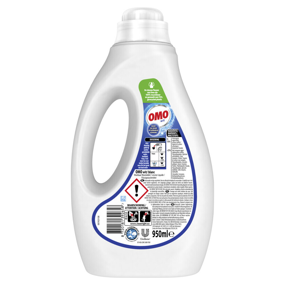 6x OMO Vloeibaar Wasmiddel Wit 19 Wasbeurten950 ml