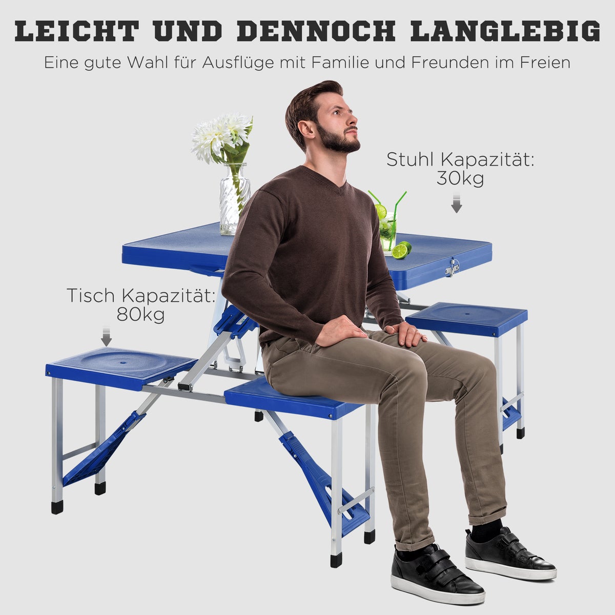 Outsunny Aluminium Kampeertafel, Picknickbank, met 4 Zitplaatsen, Opvouwbaar, 135,5 x 84,5 x 66 cm, Aluminium, Kunststof, Blauw