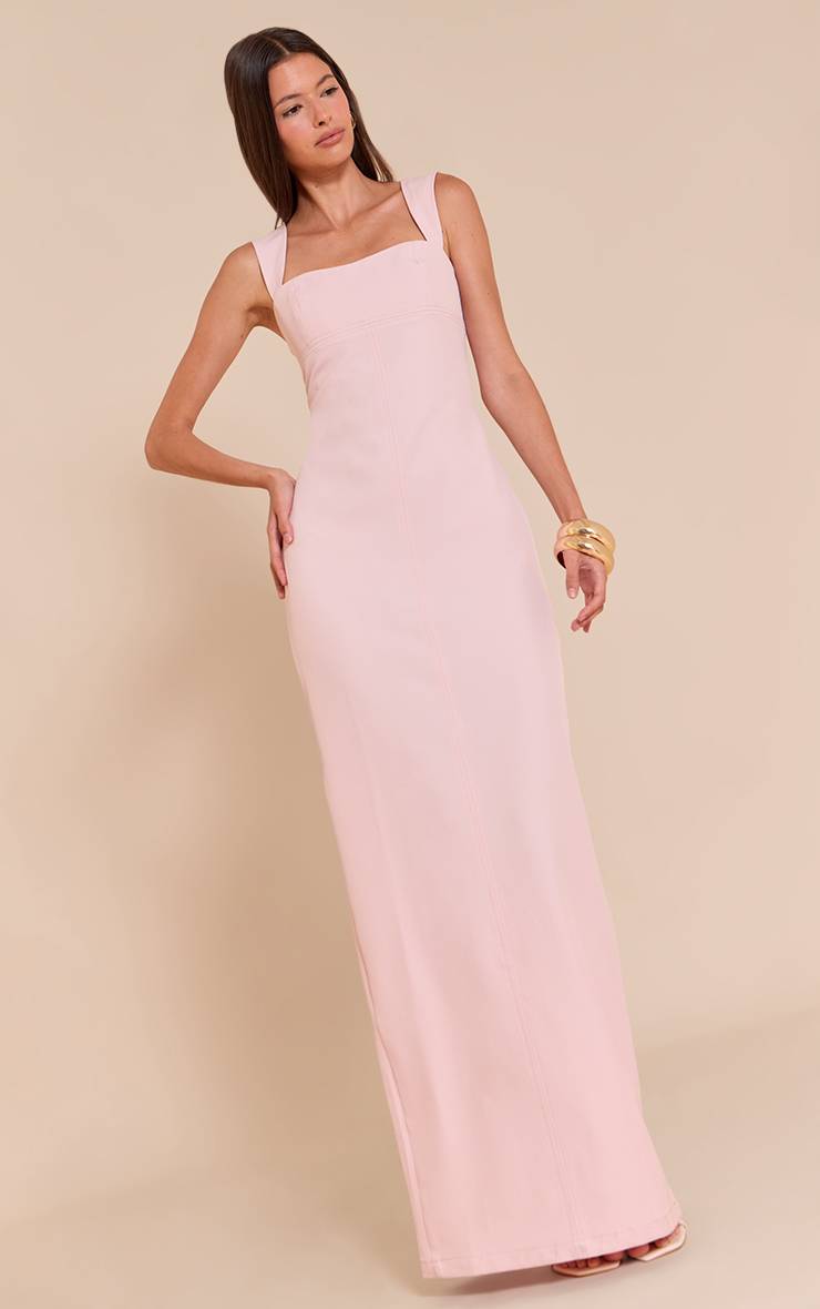 Rose Pâle Robe Longue Ajustée À Bretelles En Tissu Tissé