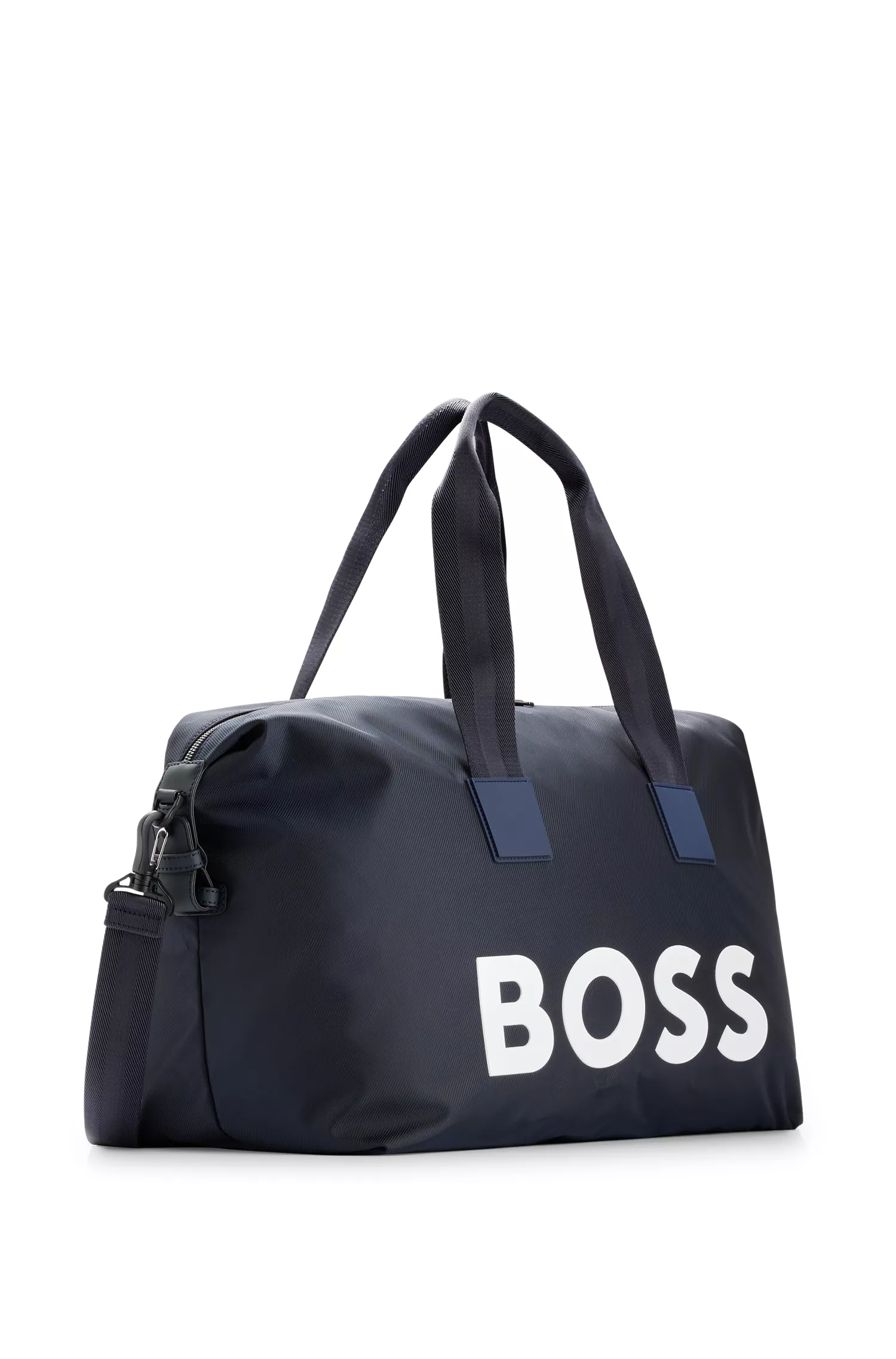 Bolsa de viagem BOSS com logotipo preto em tecido estampado.