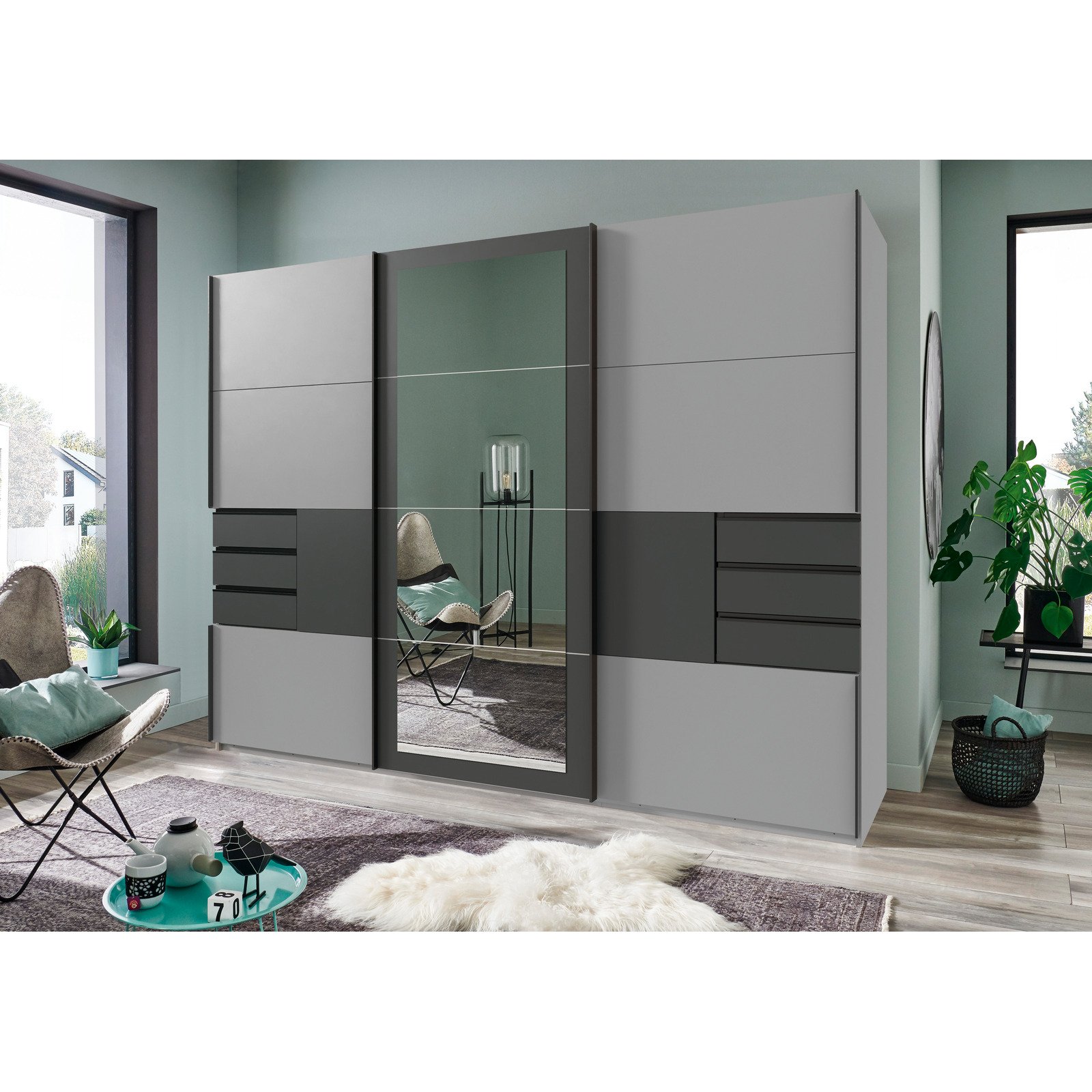 Schwebetürenschrank Luzern Dekor 270 x 210 x 64 cm, mit Spiegel Saharagrau