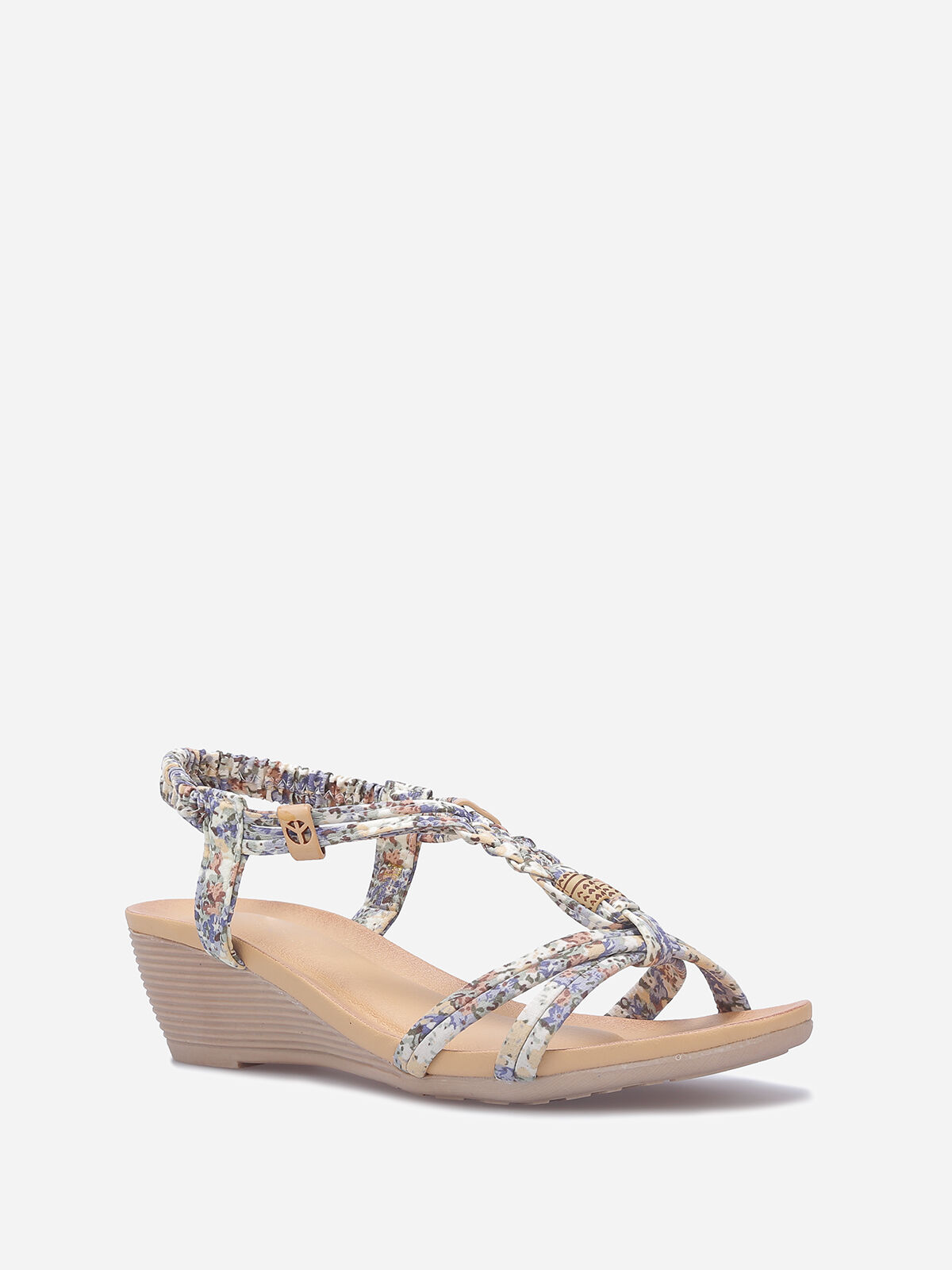 Sandales compensées à perles effet bois- Bleu / Beige