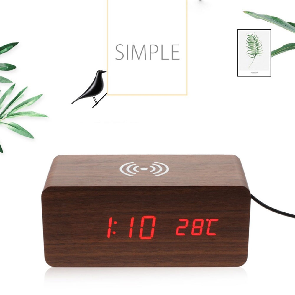 LED Wecker Holz Tischuhr Qi Wireless Ladegerät mit Sound Control - Schwarz