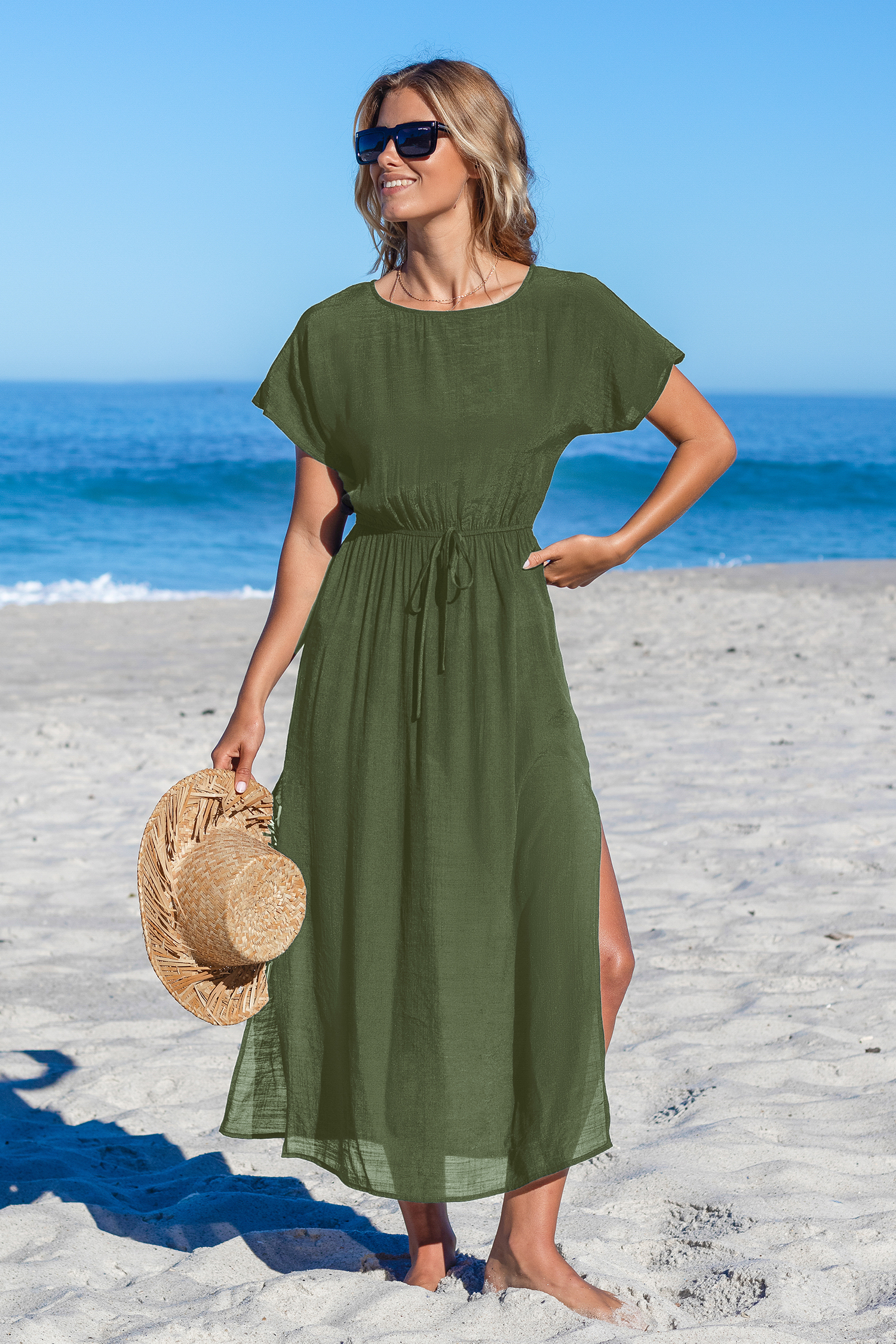 Robe cover up à manches courtes et ourlet fendu olive